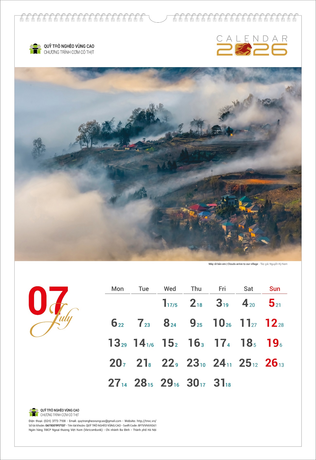 Lịch tường Phong cảnh vùng cao 2026 Cơm Có Thịt - Lịch treo tường Quỹ Trò Nghèo Vùng Cao