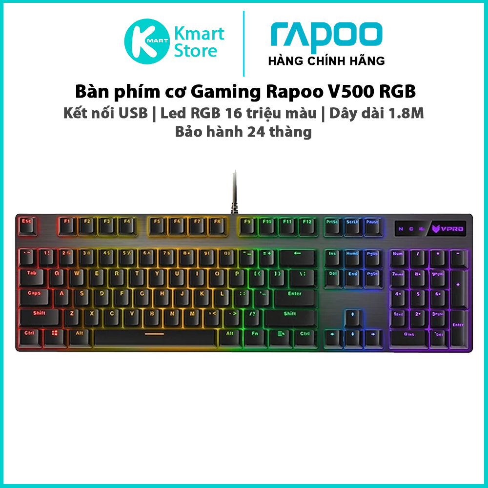 Bàn phím cơ Gaming Rapoo V500 RGB | Kết nối USB , dây dài 1.8M | Led RGB 16 triệu màu - Hàng Chính Hãng