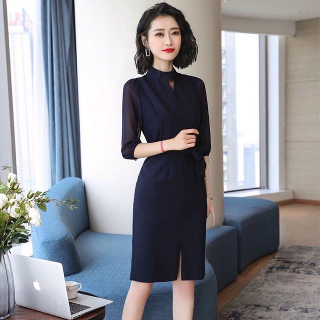Đầm body cổ chocker tay voan lưới dây nơ eo S.MLXL