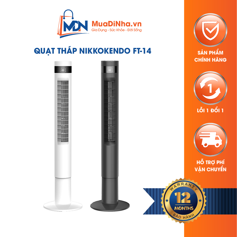 Quạt tháp Nikkokendo FT-14 có remote hẹn giờ màu đen trắng xoay 90 độ - Hàng chính hãng