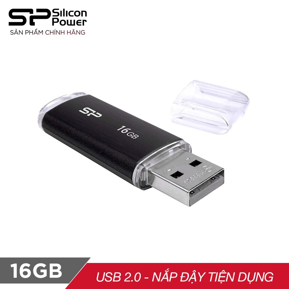 USB 2.0 16GB Silicon Power U02  tốc độ chuẩn (Đen) - Hàng Chính Hãng