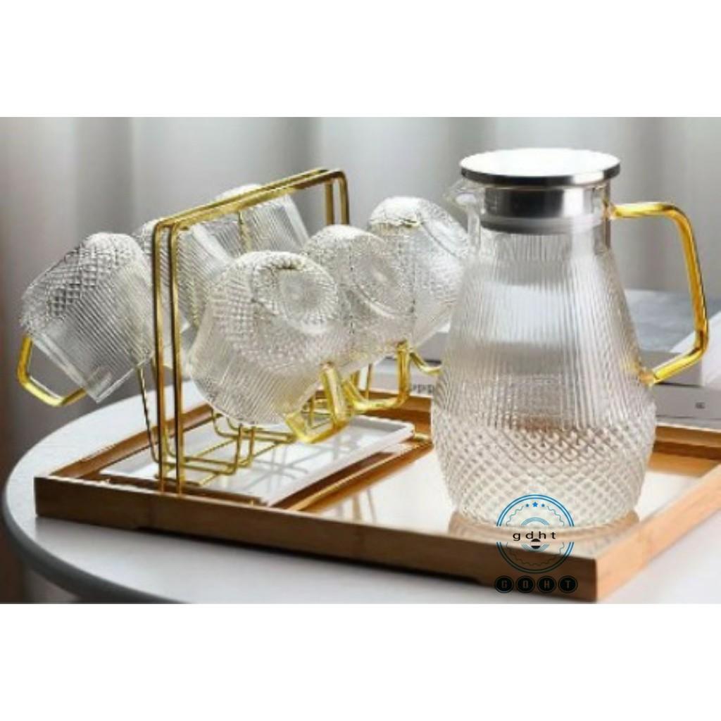 BỘ BÌNH CỐC THỦY TINH TRẮNG QUAI VÀNG INOX 1,6L CHỊU NHIỆT CAO CẤP