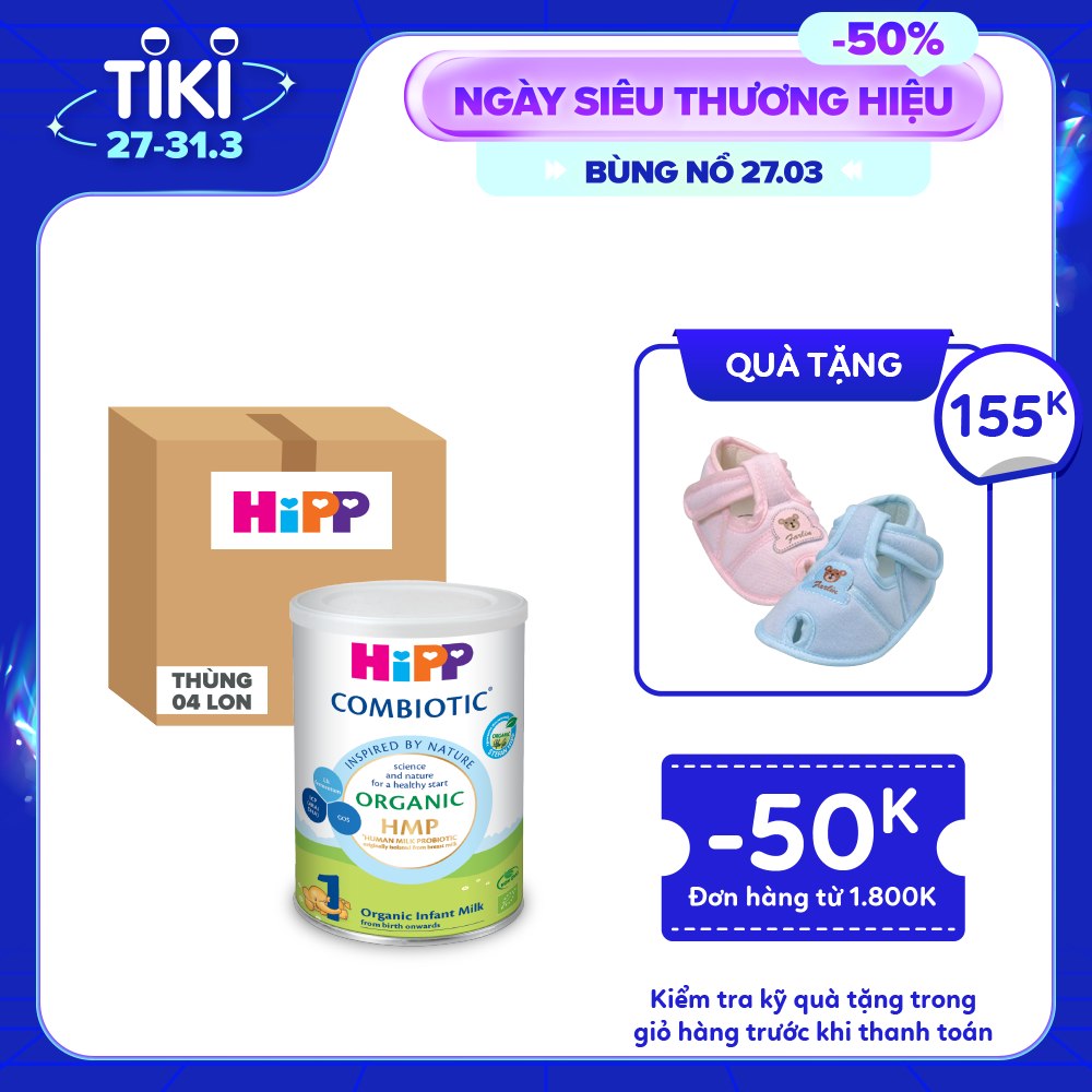 Thùng 4 lon Sữa bột dinh dưỡng công thức HiPP 1 Organic Combiotic 350g chất lượng hữu cơ tự nhiên an toàn, hỗ trợ, tăng cường sức khoẻ hệ miễn dịch, bổ sung omega 3,6 (DHA&amp;ARA) dành cho trẻ dưới 6 tháng tuổi (4 lon x 350g)