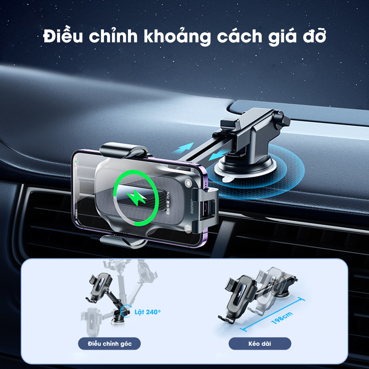 Giá đỡ điện thoại kiêm sạc không dây 15W Remax RM-C31 Hút - Kẹp đa năng chắc chắn - Hàng Chính Hãng Remax