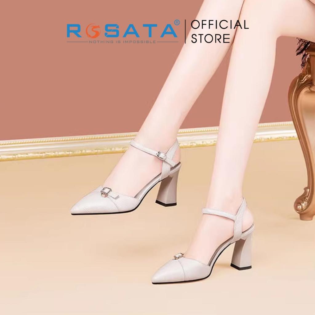 Giày cao gót nữ ROSATA RO497 mũi nhọn vân cá sấu quai hậu cài khóa đế trụ cao 7cm da PU cao cấp - TRẮNG