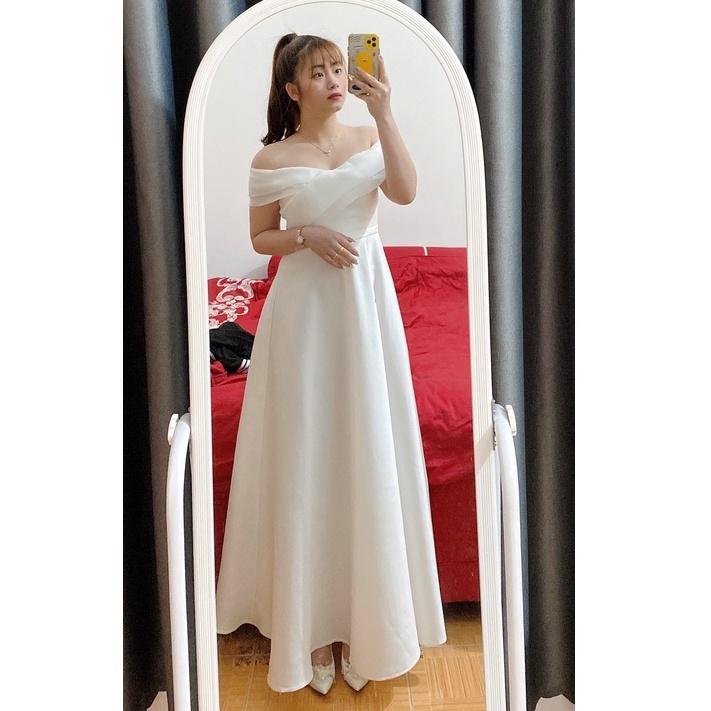 Ảnh thật Đầm váy maxi mặc cưới phi nhật dày dặn đuôi dài trắng đỏ cúp ngực trễ vai đi biển dự tiệc dạo phố bigsize