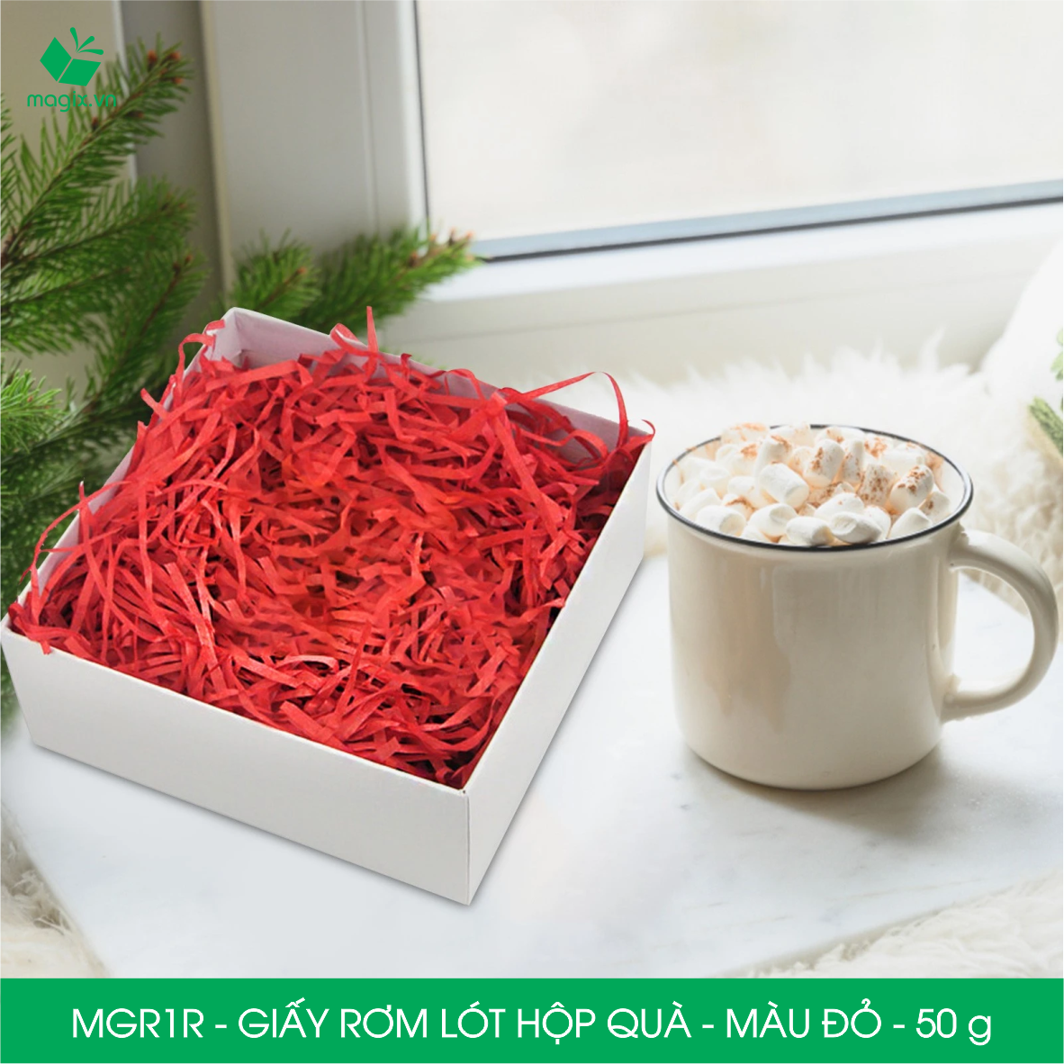MGR1R - 50g Giấy rơm lót hộp quà màu đỏ - Giấy sợi rơm trang trí - Giấy vụn chống sốc