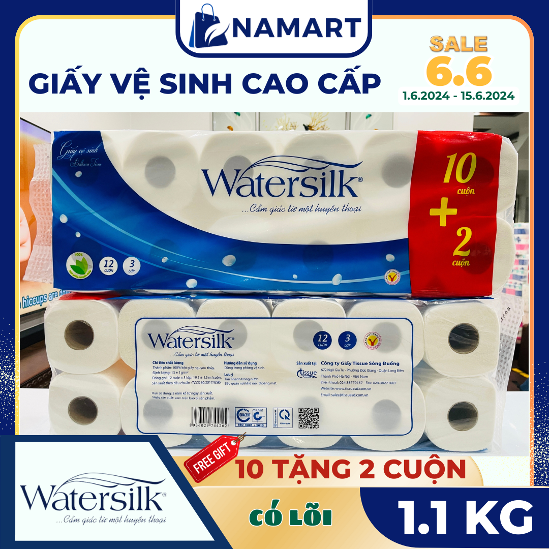 ( Tặng 2 cuộn) Giấy vệ sinh WATERSILK 19.5M Có Lõi 3 Lớp siêu dai mịn, 1.1Kg - 100% Bột giấy nguyên sinh - Hàng chính hãng.