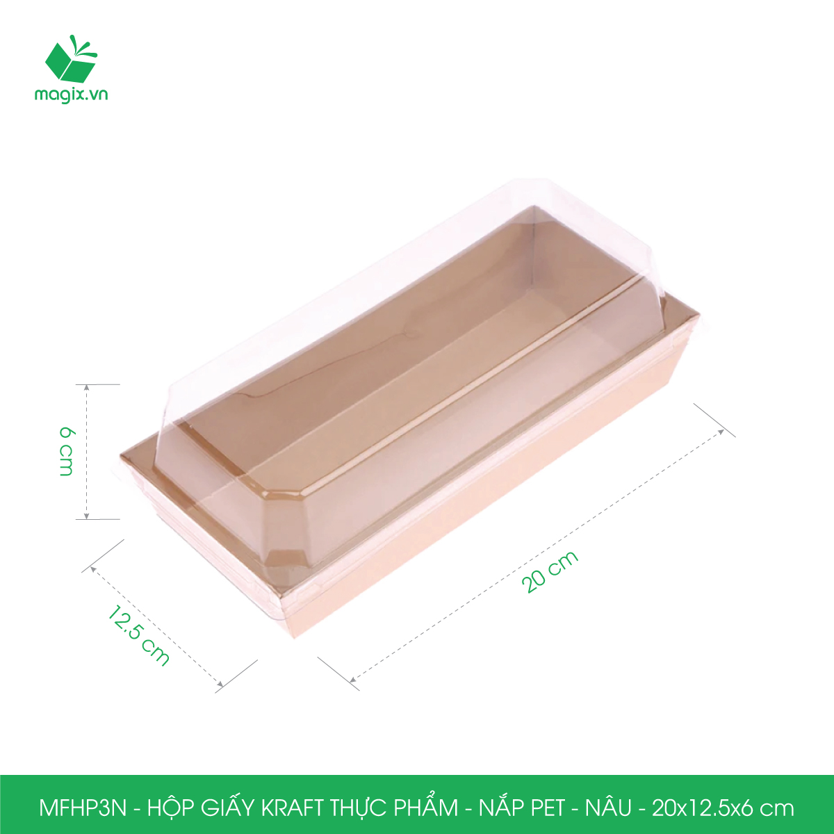 MFHP3N - 20x12.5x6 cm - 100 hộp giấy kraft thực phẩm màu nâu nắp Pet, hộp giấy chữ nhật đựng thức ăn, hộp bánh nắp trong