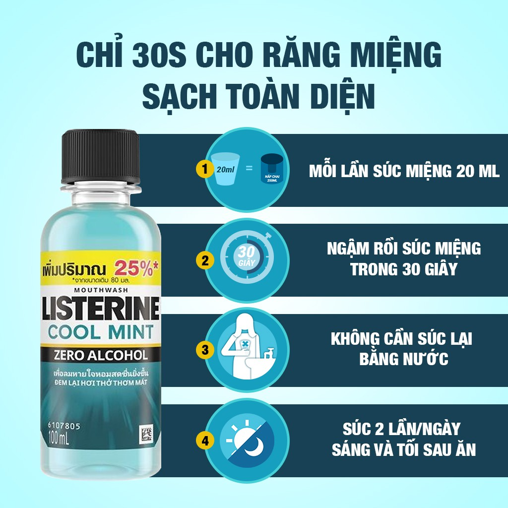 Bộ 6 Chai Nước Súc Miệng Giữ Hơi Thở Thơm Mát Không Cay Listerine Cool Mint Zero - Dung tích 100ml/chai