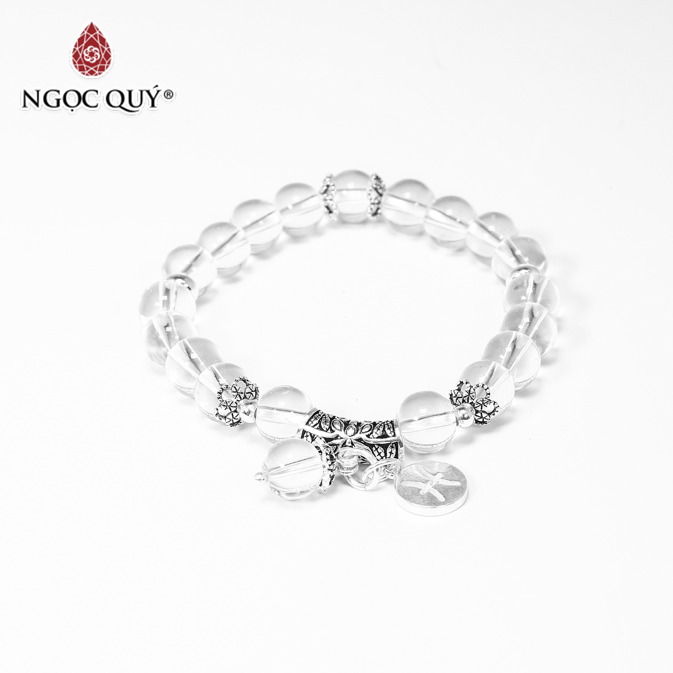Vòng tay đá thạch anh trắng charm 12 cung hoàng bạc đạo size hạt 8mm - Ngọc Quý Gemstones
