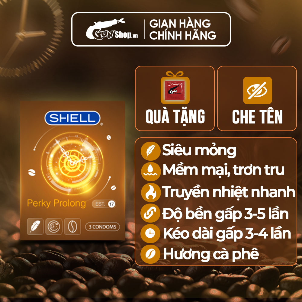 Bao cao su Shell Perky Prolong kéo dài thời gian, hương cà phê - Hộp 3 cái