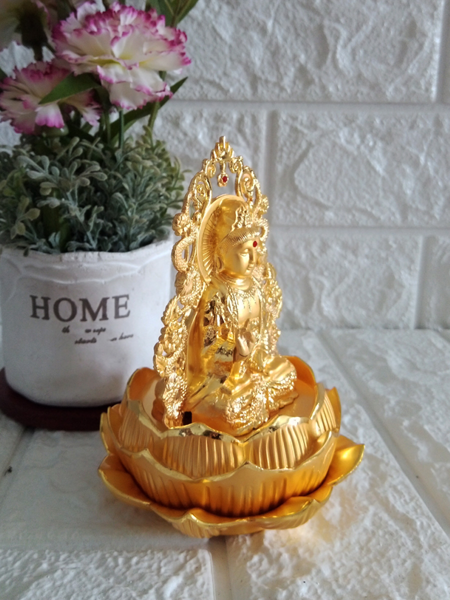 Tượng phật bà quan âm để xe hơi hai mặt tọa đài sen vàng ánh kim QAAK01