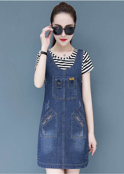 Đầm Yếm Jean Nữ Wash Cào Thêu Logo Thời Trang