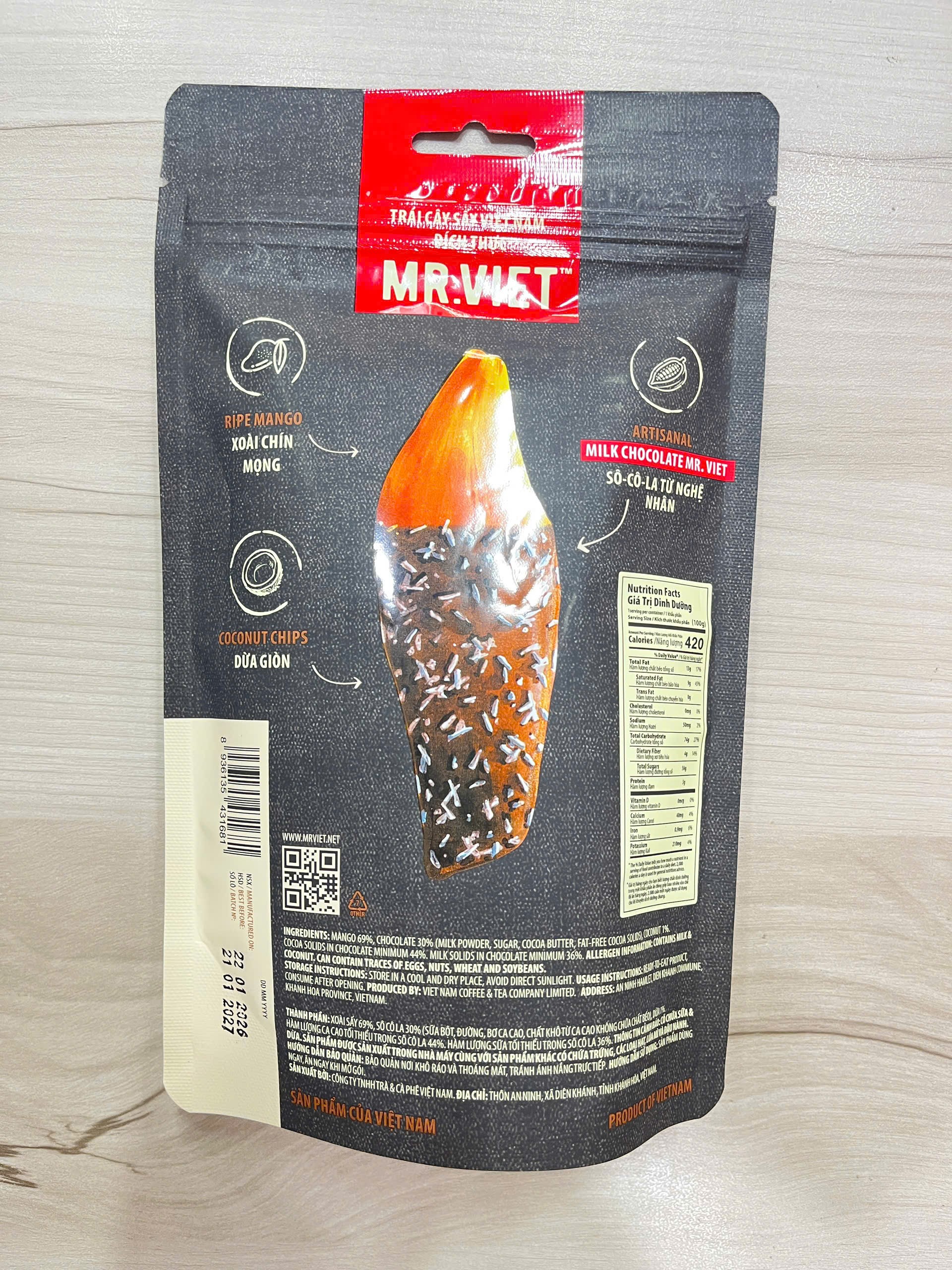 Xoài Sấy Với Socola Sữa &amp; Dừa Mr Viet -Dried Mango with Milk Chocolate &amp; Coconut 100g