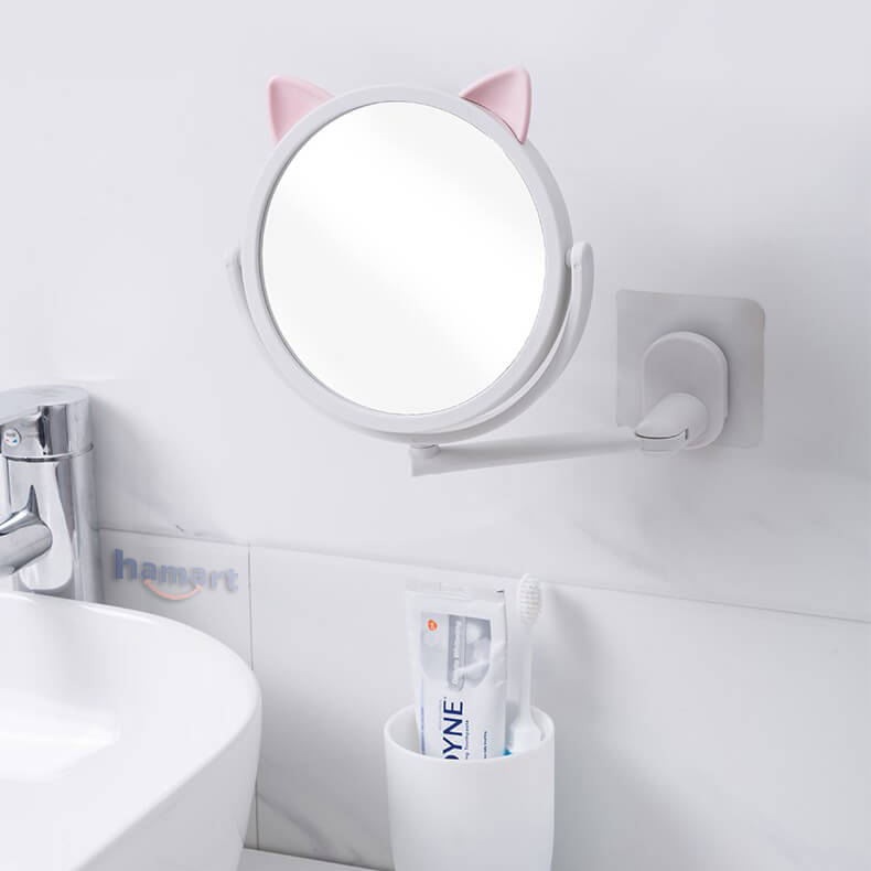 Gương Trang Điểm Treo Tường Tai Mèo Hamart Gương Tròn Mini Dán Tường Nhà Tắm Xoay 360°