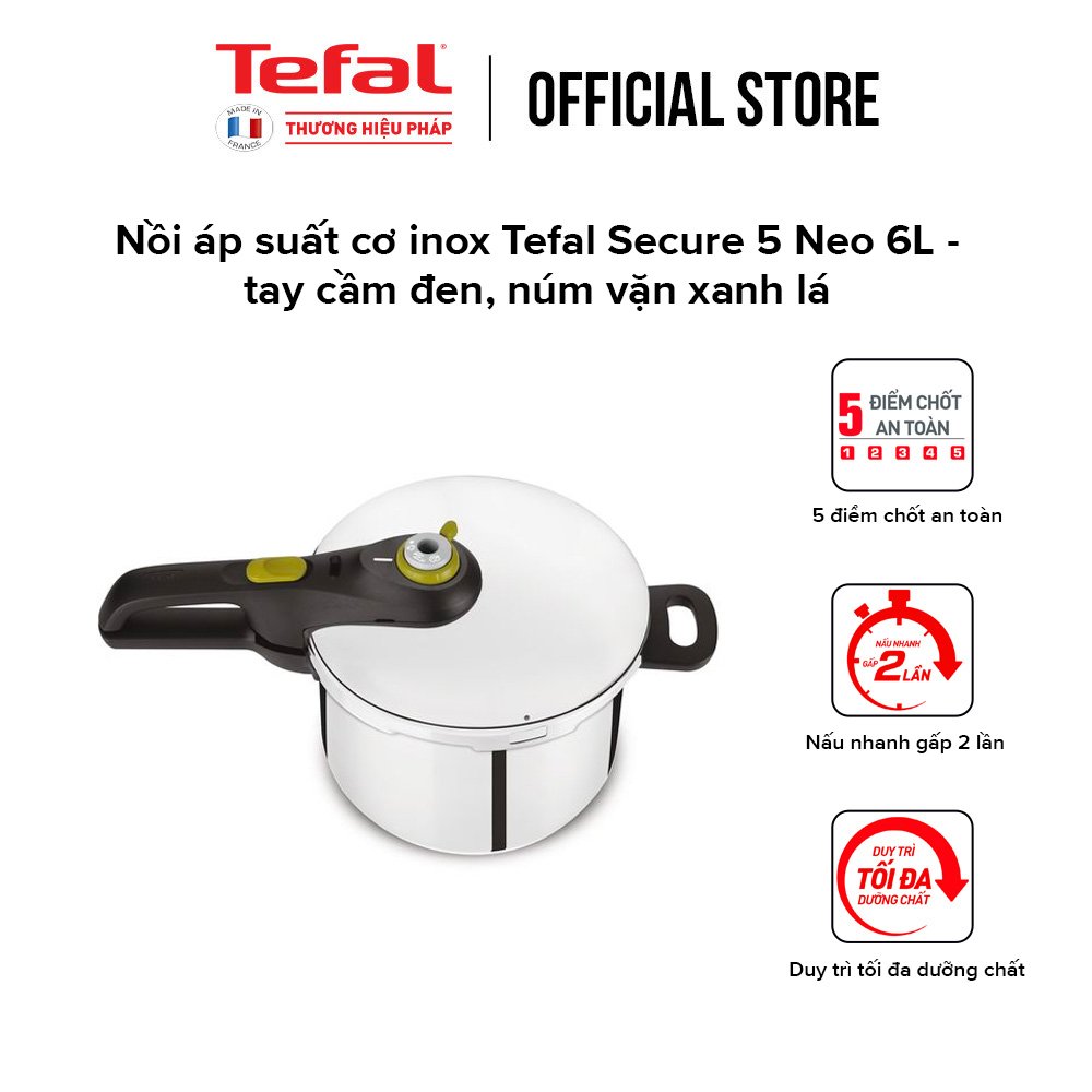 Nồi áp suất cơ inox Tefal Secure 5 Neo 6L - P2530737, dùng cho mọi loại bếp - Hàng chính hãng