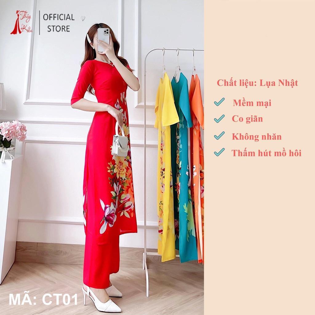 Bộ áo dài cách tân nữ thiết kế lụa Nhật CT01-DO nền đỏ hoa mộc lan dự tiệc lễ tết đẹp