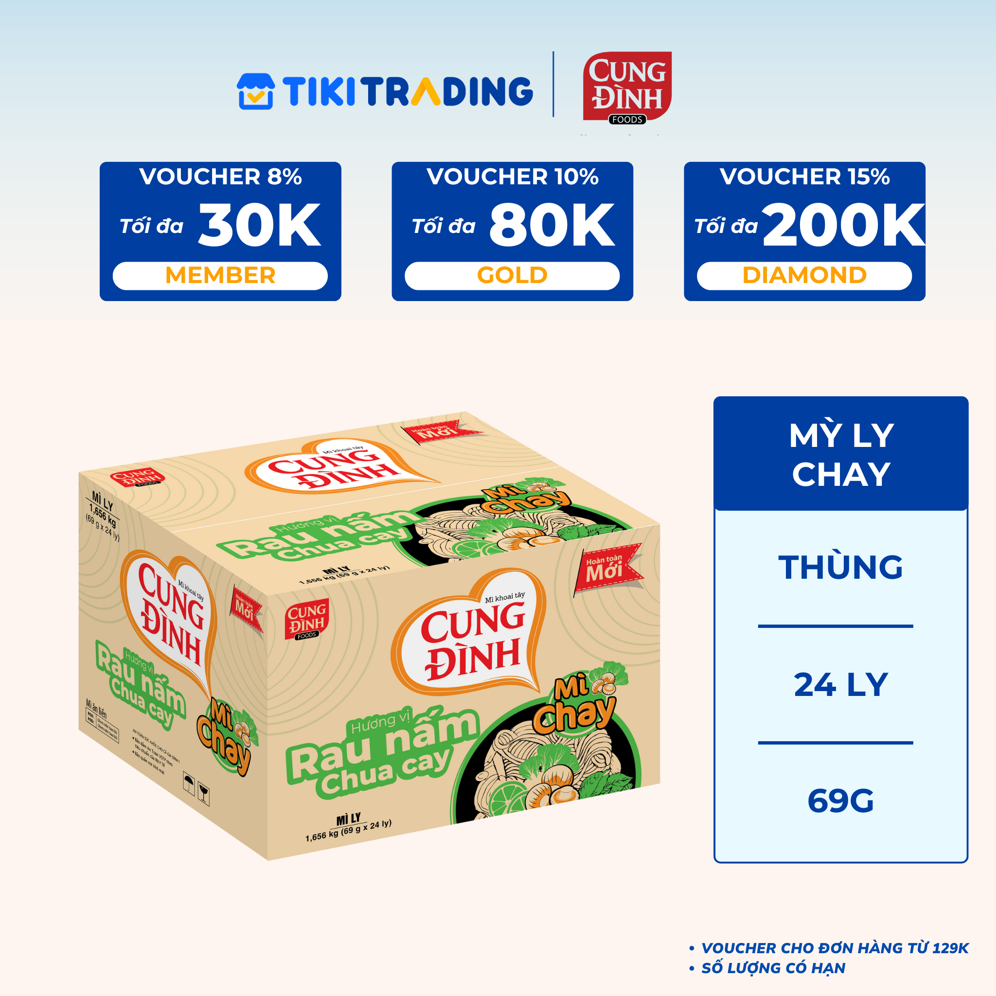 Thùng 24 Ly Mì Chay Cung Đình Rau Nấm Chua Cay 69g  Ly