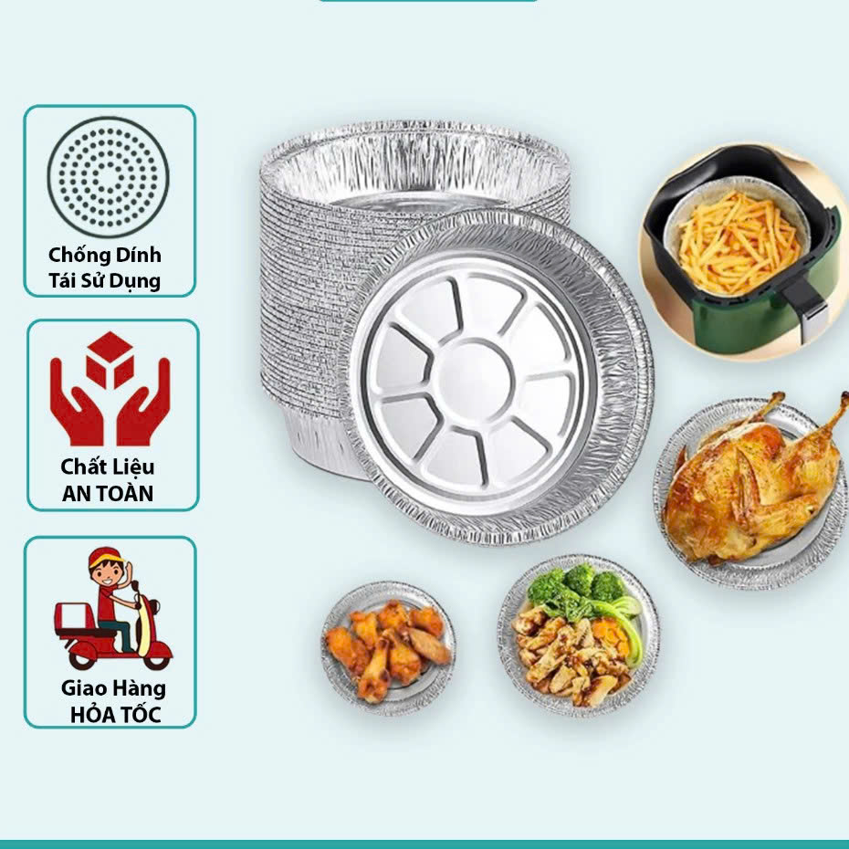 COMBO 20 Đĩa Giấy Bạc Lót Nồi Chiên Không Dầu, Khay Bạc Nướng Thực Phẩm 22cm