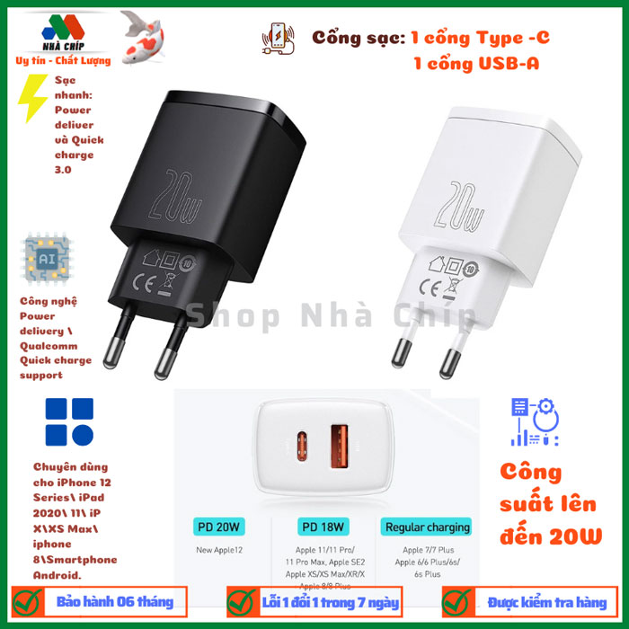 Cóc sạc Baseus Compact Quick nhỏ gọn 20W cho iPhone 12/iP11/XS Max, Android .. - Hàng chính hãng