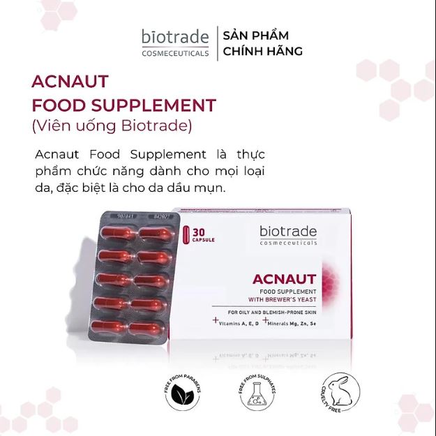 Viên uống giảm mụn đẹp da chống lão hoá Biotrade Acnaut Food Supplement