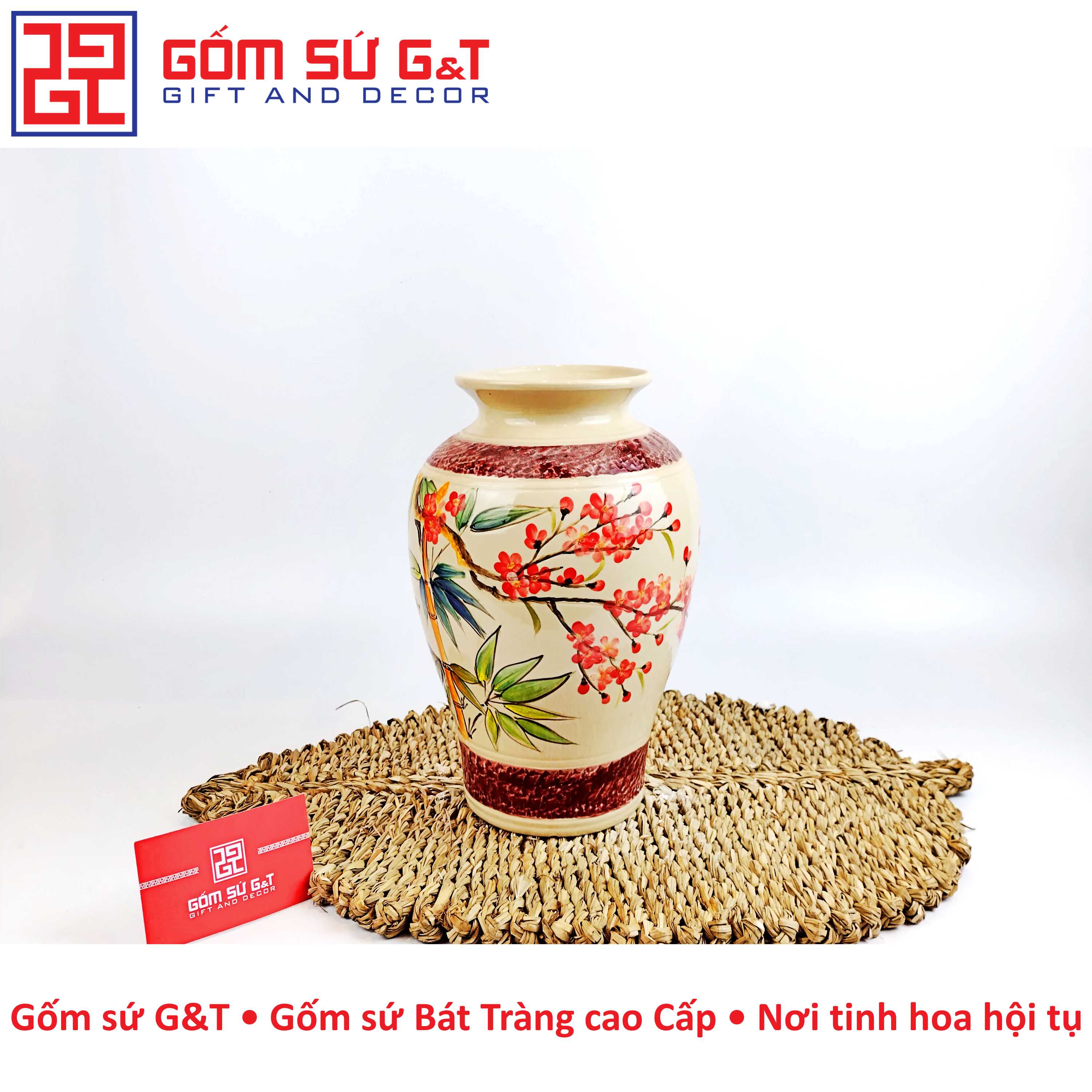 Lọ hoa dáng vò vẽ chim đào Gốm Sứ G&amp;T