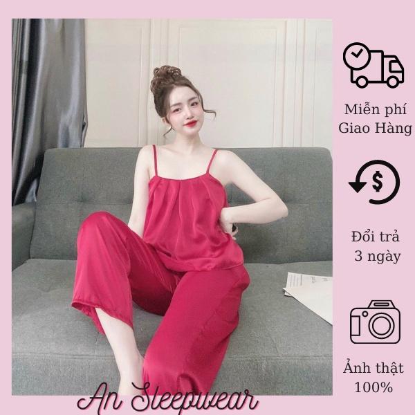 Đồ ngủ lụa satin áo 2 dây quần dài lịch sự, chất lụa đẹp, mát, ít nhăn, kiểu dáng rộng rãi, thoải mái, phom dưới 55kg