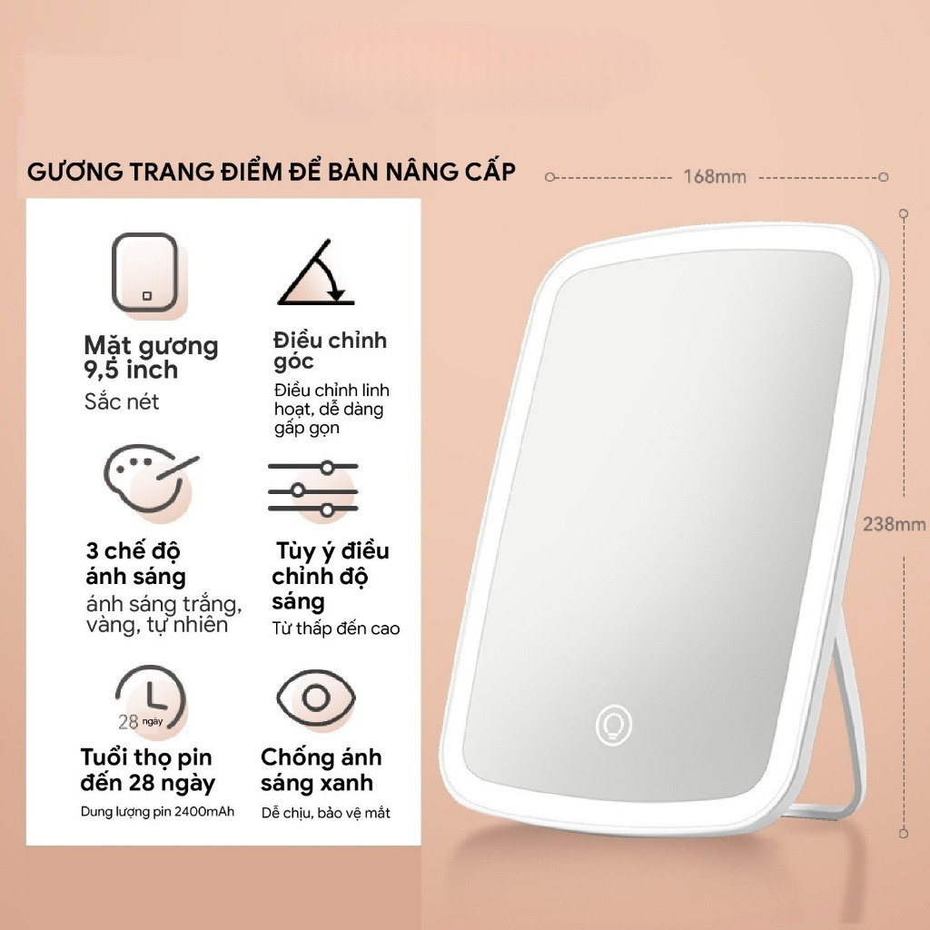 Gương trang điểm để bàn có đèn LED 3 Chế Độ Đổi Màu Sạc USB 23x16cm - Giao Màu Ngẫu Nhiên