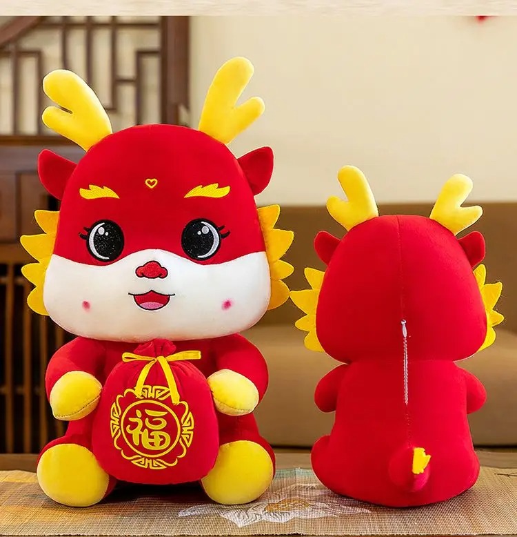 Thú nhồi bông rồng thần tài ôm túi tiền đáng yêu - Size từ 22cm đến 70cm - Quà tặng gấu bông rồng đỏ may mắn êm mịn