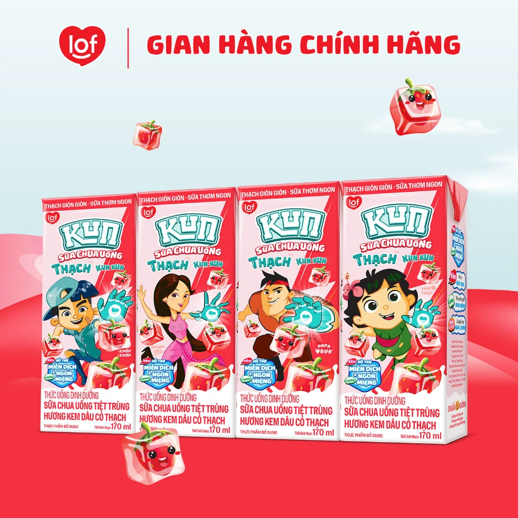 Thùng 48 hộp Sữa chua uống KUN hương dâu có thạch 170ml
