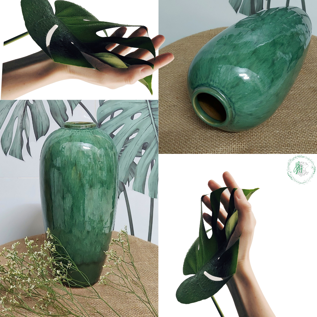 Bình cắm hoa, Bình gốm Bát Tràng men xanh ngọc dáng vò cao trang trí phòng khách, phòng làm việc Bông Garden cao 32cm