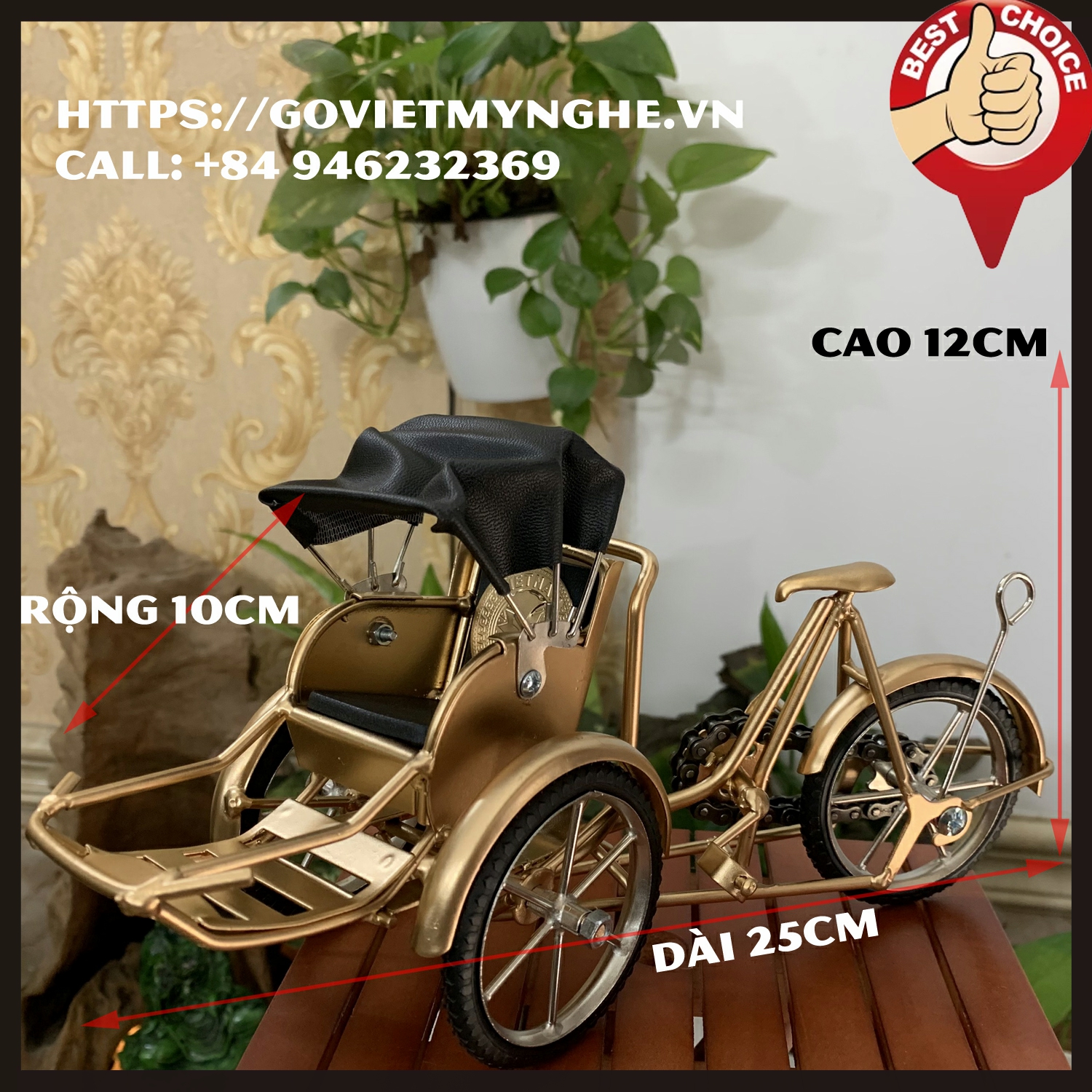 Mô hình xe xích lô sắt trang trí quà tặng đối tác bản sắc Việt Nam - Dài 25cm - Màu nhũ đồng