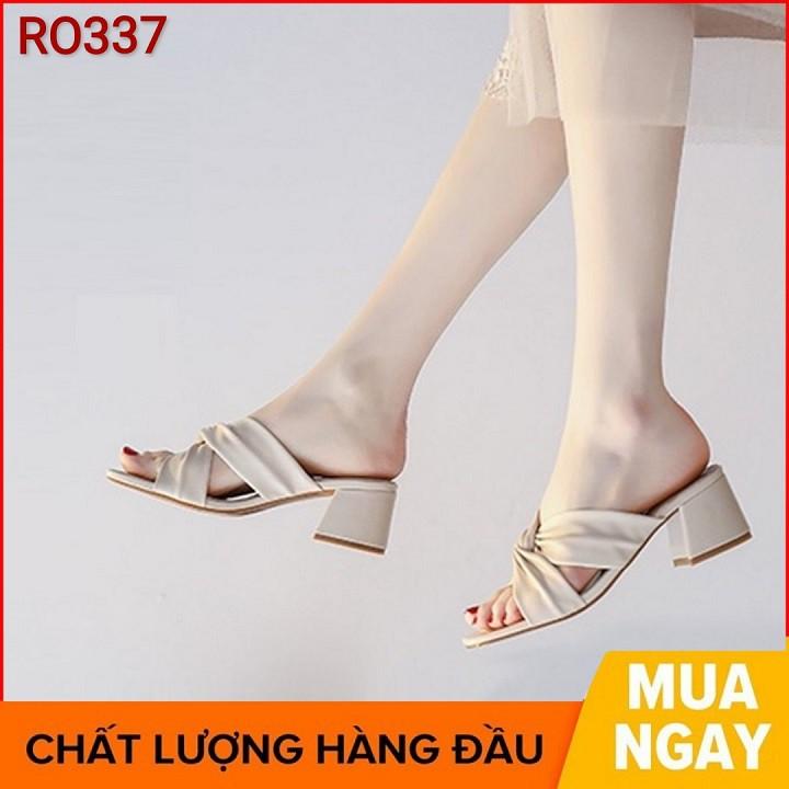 Dép nữ cao gót quai ngang 5 phân hàng hiệu rosata hai màu kem vàng ro337