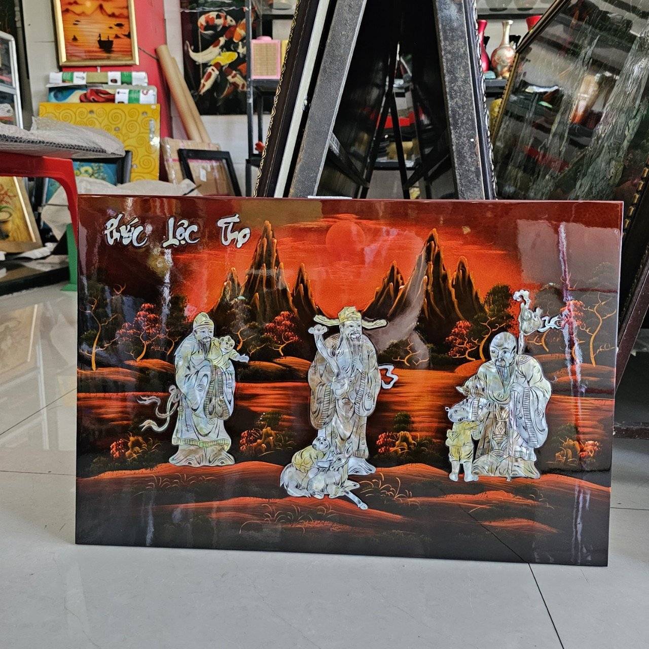Tranh sơn mài Phúc Lộc Thọ cẩn ốc hàng xuất khẩu 40x60 cm trang trí nhà cửa, quà tặng tân gia, chúc Thọ ý nghĩa