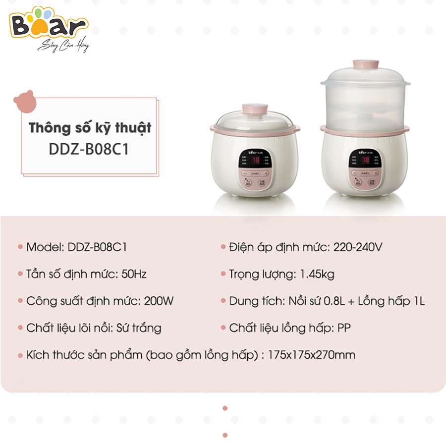 Nồi Nấu Chậm 0,8L Bear SUBE001 Đa Năng Nấu Cháo, Chưng Yến Bản Quốc Tế - Hàng Chính Hãng