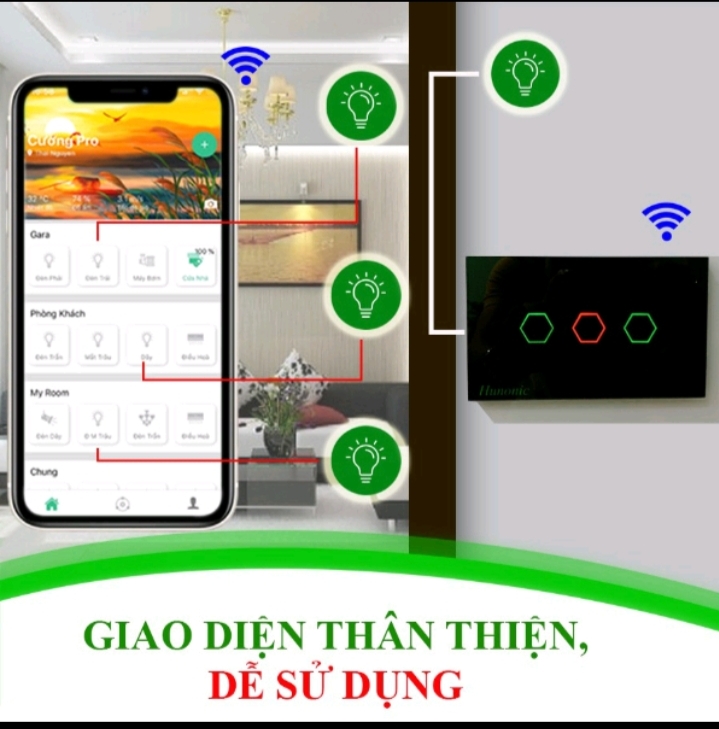 Công tắc 2,3,4 nút trắng âm tường cảm ứng, wifi cho Đèn, Quạt điều khiển từ xa qua điện thoại 500w/220V