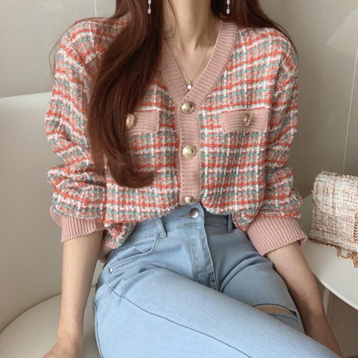 Áo khoác len Cardigan áo dệt kim nút bạc phong cách Hàn