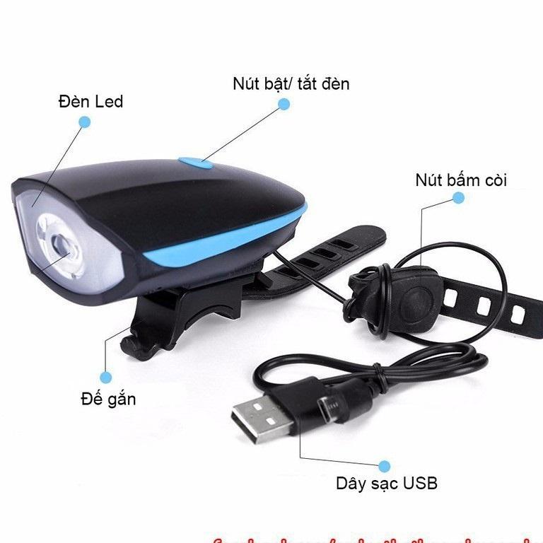 Đèn Xe Đạp Chống Nước, Đèn Led Kèm Chuông To Xe Đạp 3 Chế Độ Tặng Kèm Dây Sạc Usb