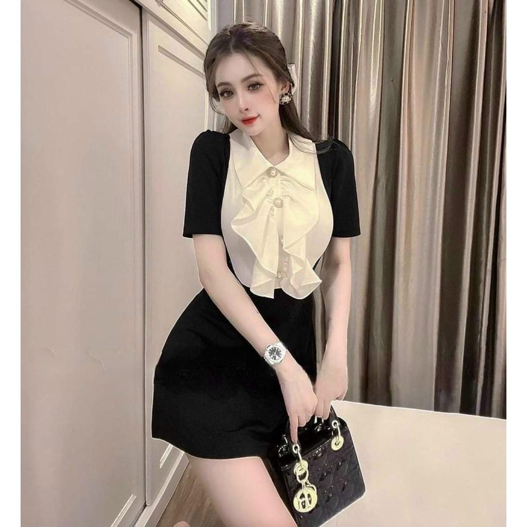 Đầm xoè phối cổ xếp bèo đính nút siêu xinh
