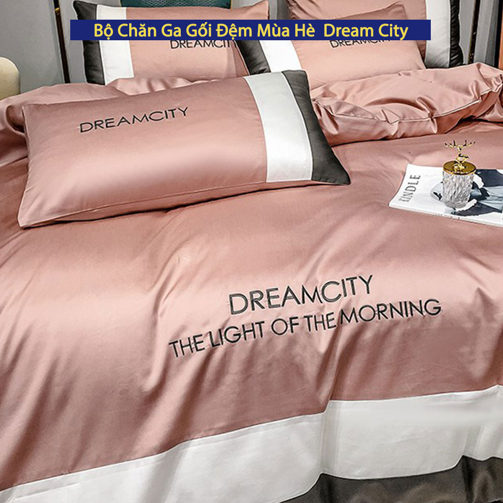 Bộ Chăn Ga Gối Đệm Mùa Hè Dream City Drap Giường Phi Bóng Cao Cấp Bo Chun Drap