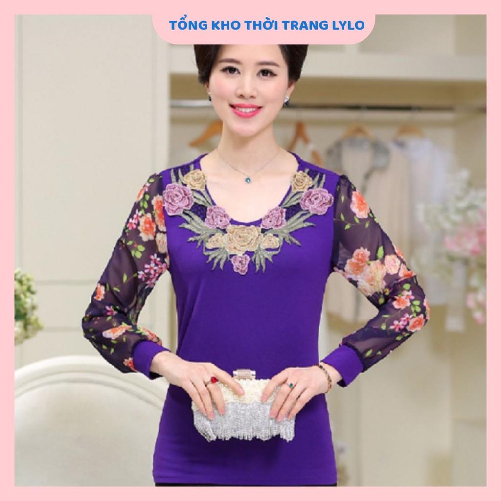 Áo kiểu trung niên cổ tròn thêu hoa, quà tặng cho bà mẹ