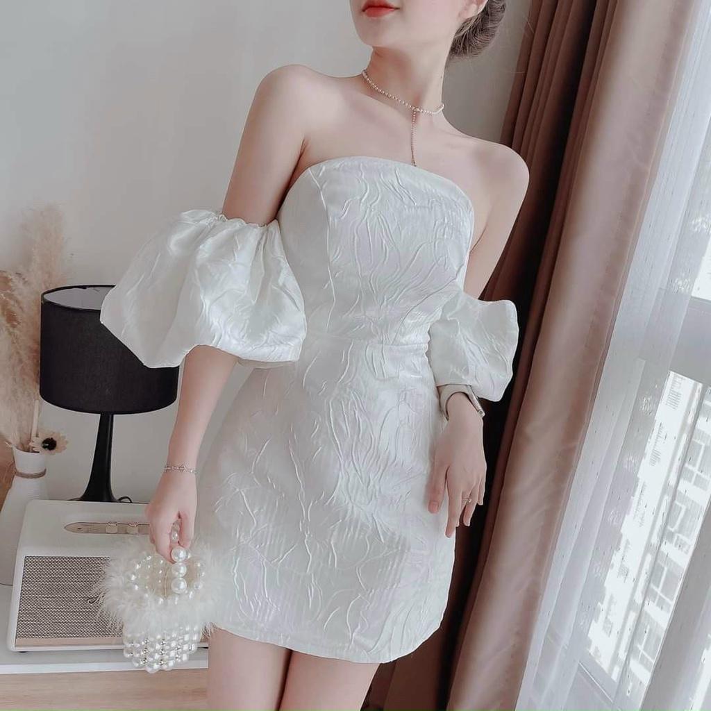 Đầm váy nữ trễ vai cúp ngực họa tiết tay phồng xốp gân ( có mút ngực ) màu trắng thanh lịch , dự tiệc dạo phố Hàn Quốc