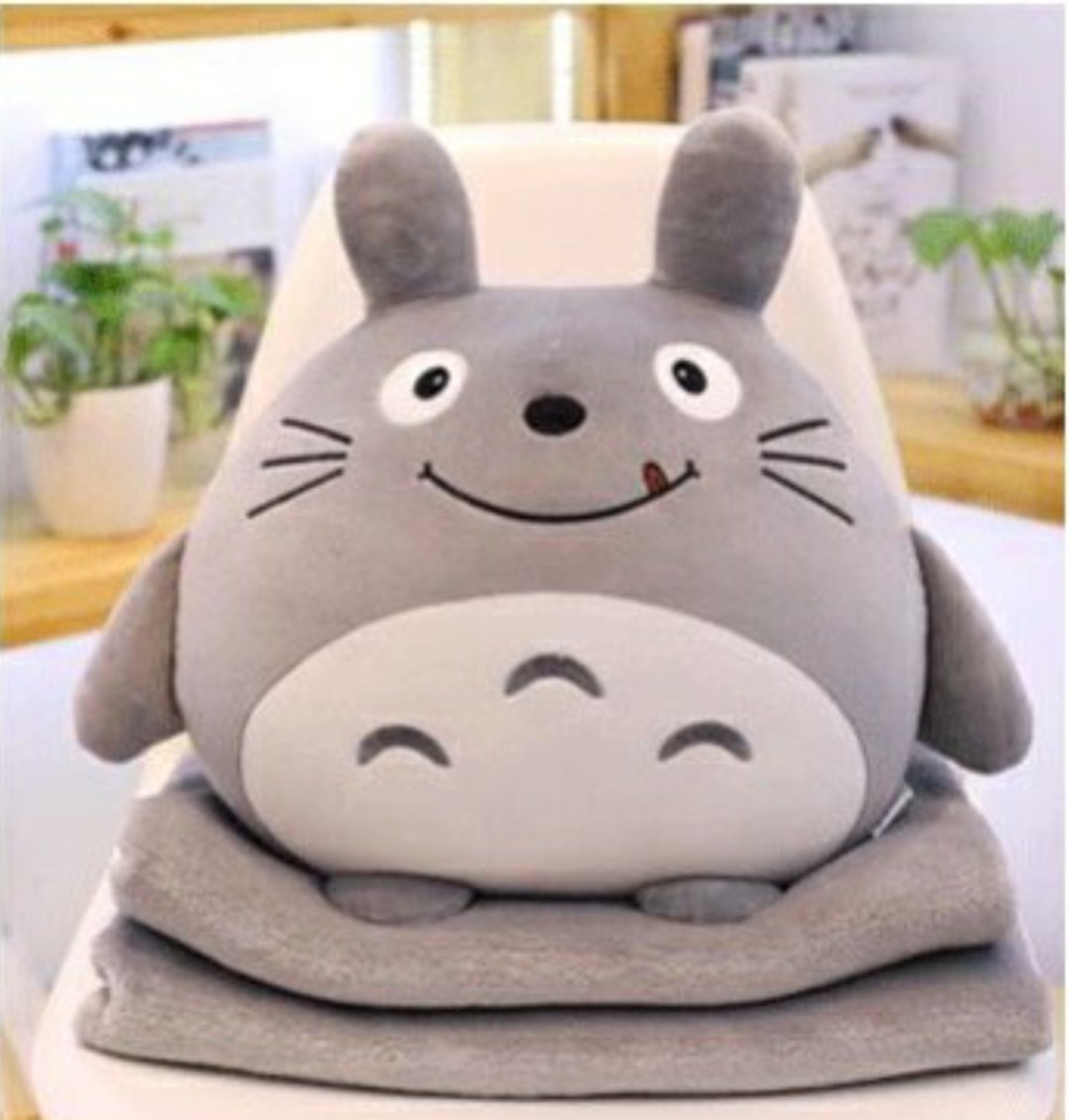 Combo Mền Gối Ngủ Văn Phòng Tiện Lợi Totoro Vuông Màu Xám Siêu Mịn 1.1x1.7m