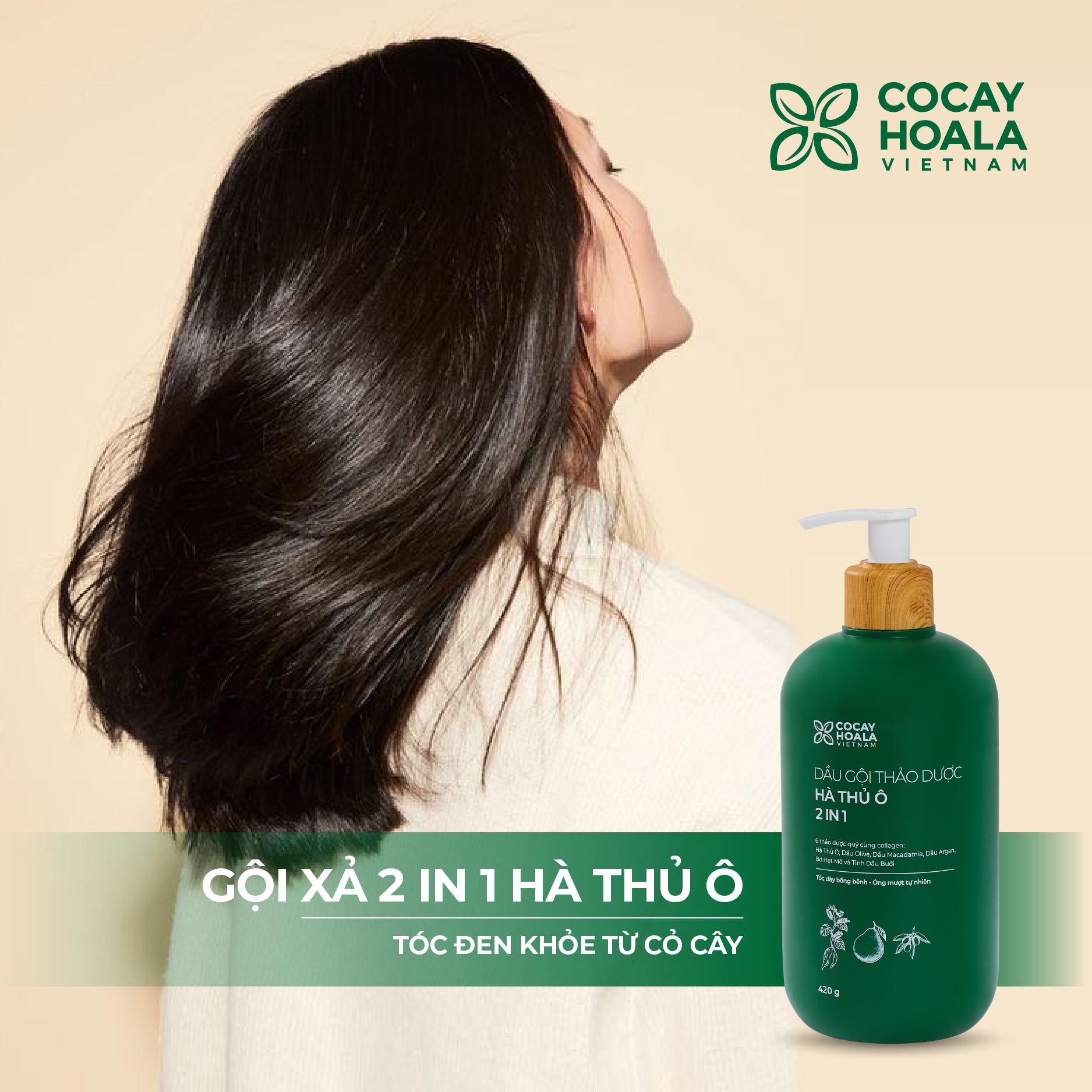 Dầu Gội Xả 2in1 Hà Thủ Ô Cỏ Cây Hoa Lá VIETNAM - Dưỡng Tóc Đen Mượt, Bóng Khỏe, Dung tích 420g/chai