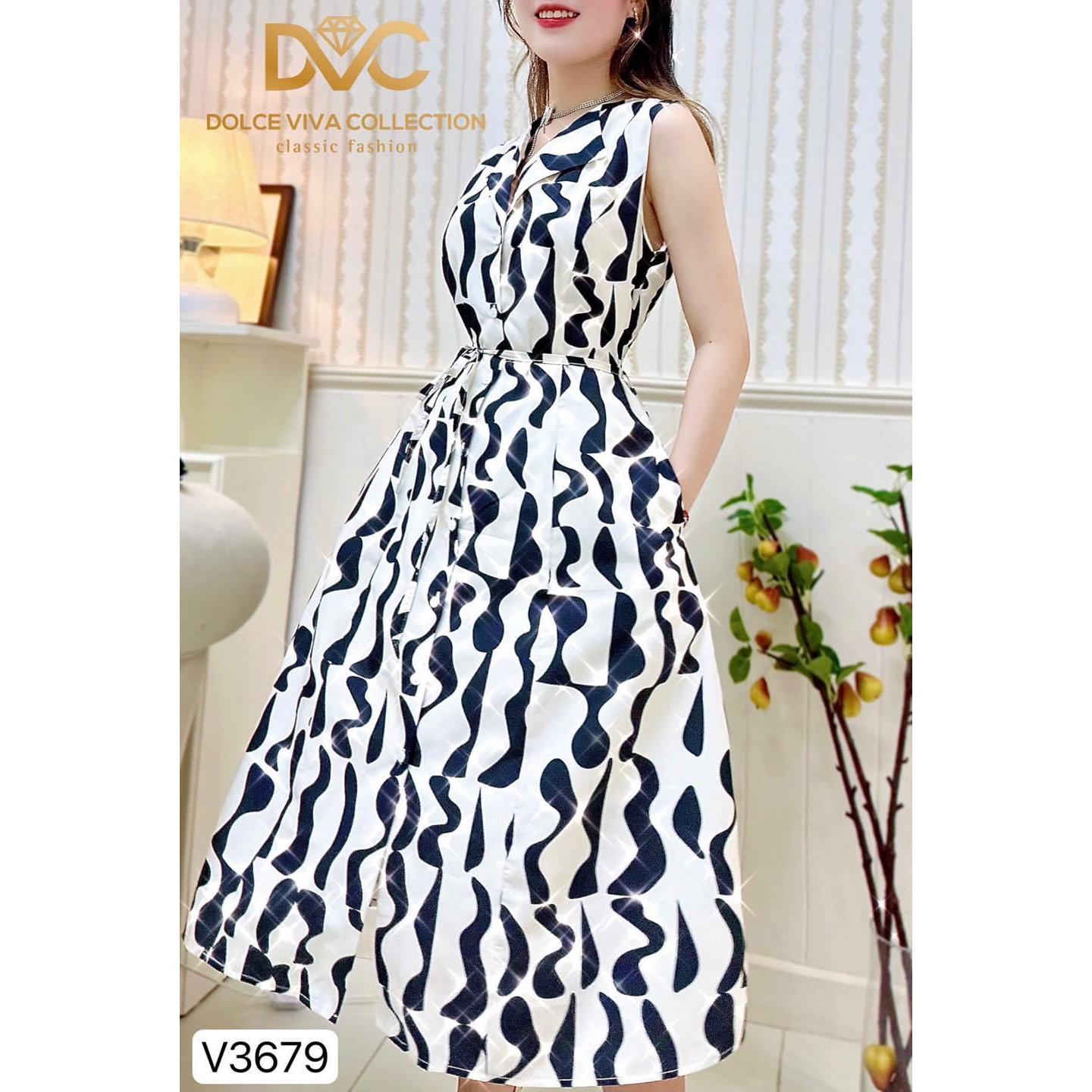 V3679 Váy đen trắng sát nách cổ vest (tặng kèm đai) váy đầm A xoè dài đen trắng sang chảnh