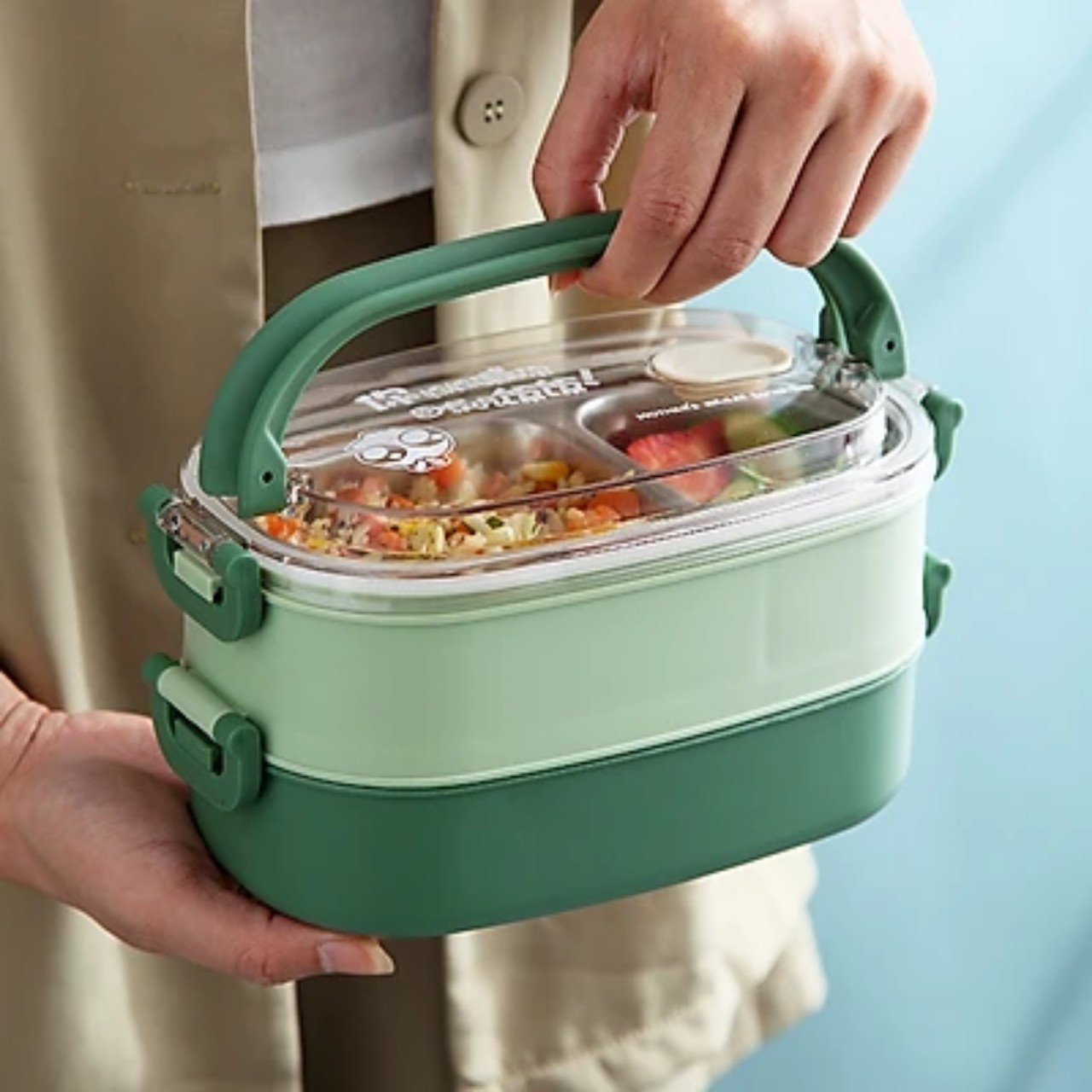 Hộp Cơm Văn Phòng Giữ Nhiệt  2 Lớp 2 Tầng Tiện Lợi Kèm Hộp Đựng Canh Soup và Bộ Đũa Thìa INOX  Chất Liệu INOX304An Toàn Cho Sức Khỏe  Hàng Chính Hãng MINIIN- Tặng Túi Đựng Cơm – Xanh Matcha