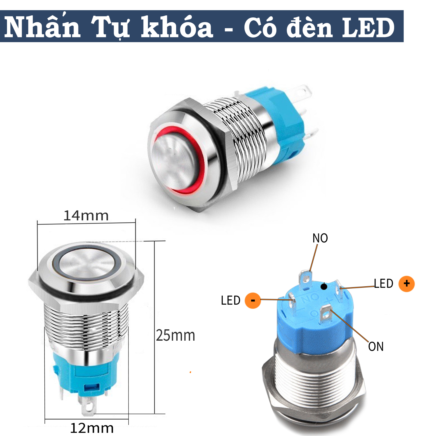 Nút nhấn công tắc tự khóa 12mm Vỏ INOX chống thấm nước