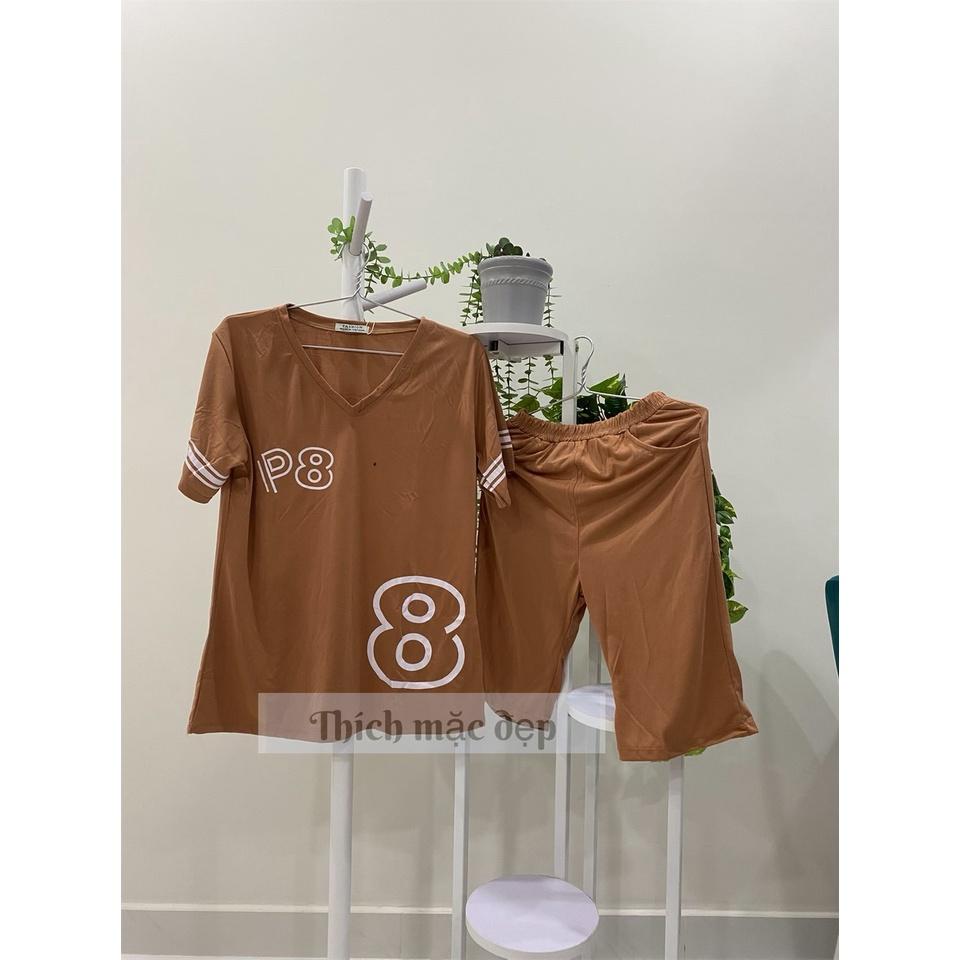 Đồ bộ nữ thun cotton trơn cute xinh in số form rộng tay lỡ quần đùi lửng cổ tim 02 vàng đen hồng nâu