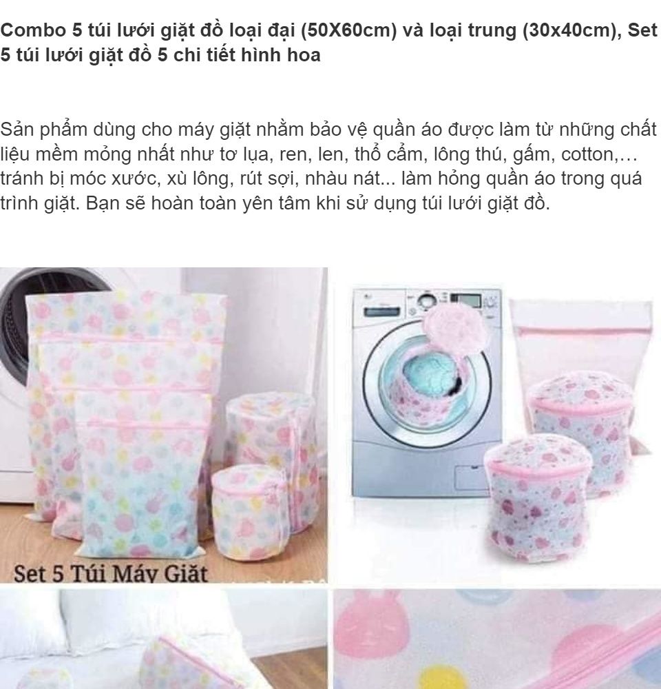 Set 5 túi lưới giặt quần áo - Combo 5 túi đựng quần áo máy giặt